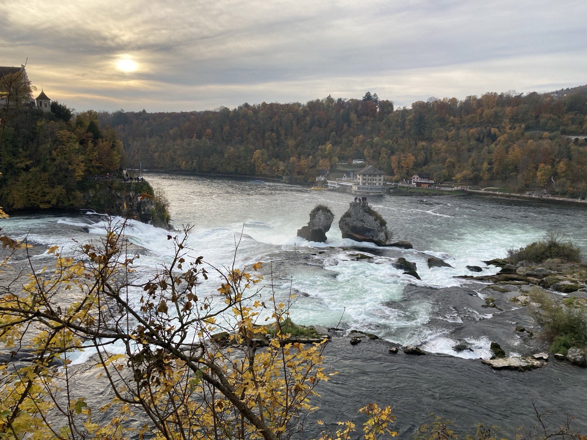 rheinfall, schaffhausen, schweiz, wasserfall, rhein, herbst, landschaft, flusslandschaft, wasser, strömung, felsen, aussichtspunkt, europa, natur, naturwunder, reiseziel, tourismus, berühmter wasserfall, wassergewalt, stromschnellen, wald, laub, jahreszeit, abendlicht, stimmungsvoll, farbenspiel, alpenregion, schweizer natur, fluss, panorama, rheinfälle, naturkulisse, kraft des wassers, wildwasser, küste, steine, sightseeing, schweizer landschaft, fotomotiv, outdoor, naturreise, herbstfarben, region schaffhausen, dramatic sky, naturkraft, tageslicht, travel, scenic view, river scenery